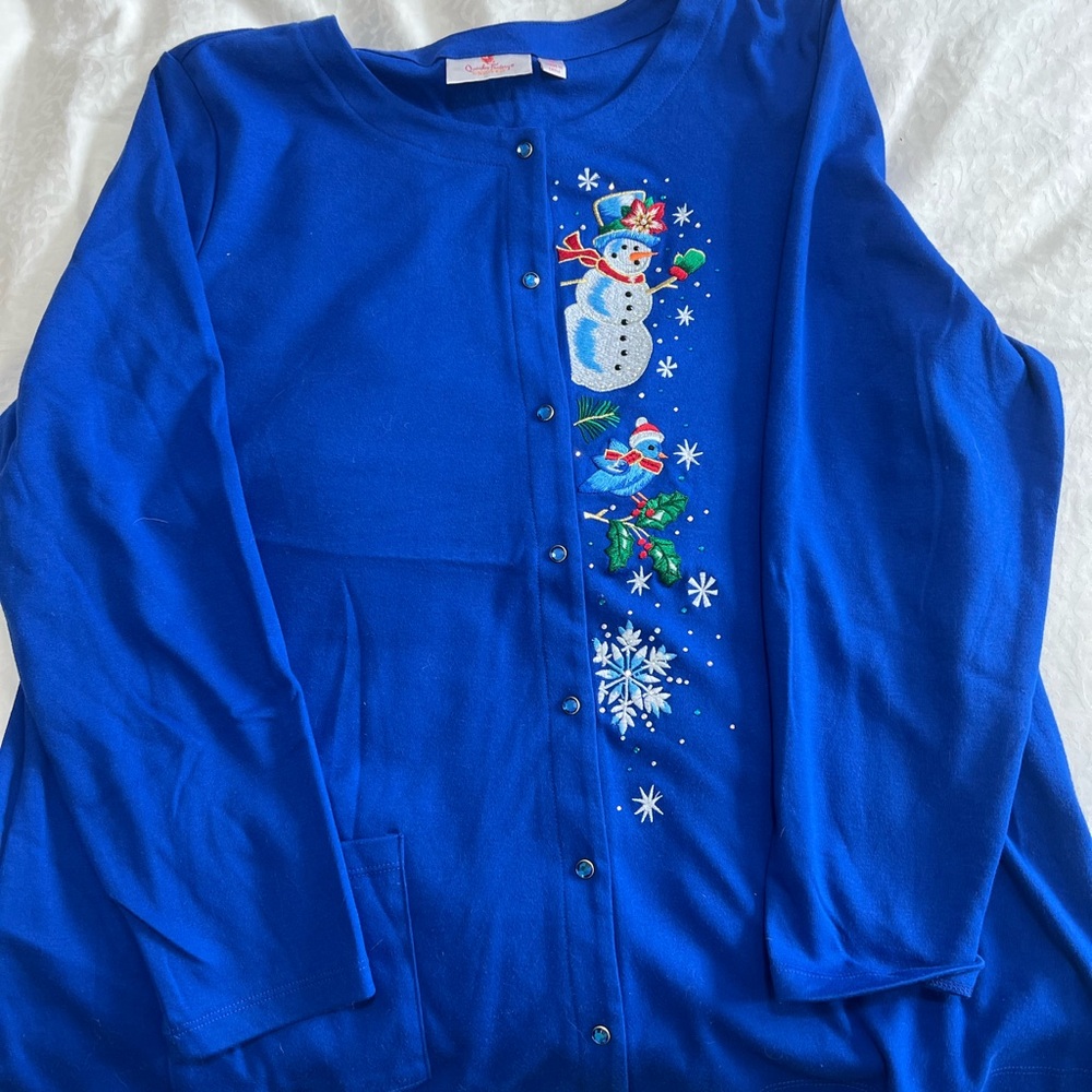Quacker Factory Blue Snowman Embroidered Blouse